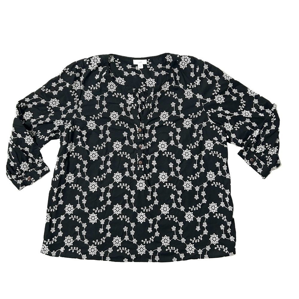 J. Jill Floral Embroidered Popover Blouse 3/4 Sleeve 100% Cotton Black Women's L